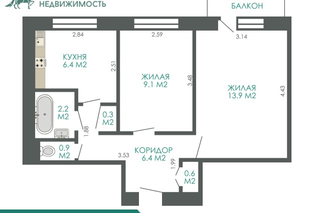 Фото 2-комнатная квартира в кирпичном доме по адресу пр. Рокоссовского д. 144 — 31