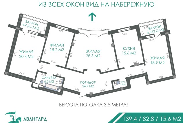 Фото 4-комнатная квартира с видом на набережную по ул. Жасминовой! Потолки 3.49 м — 35