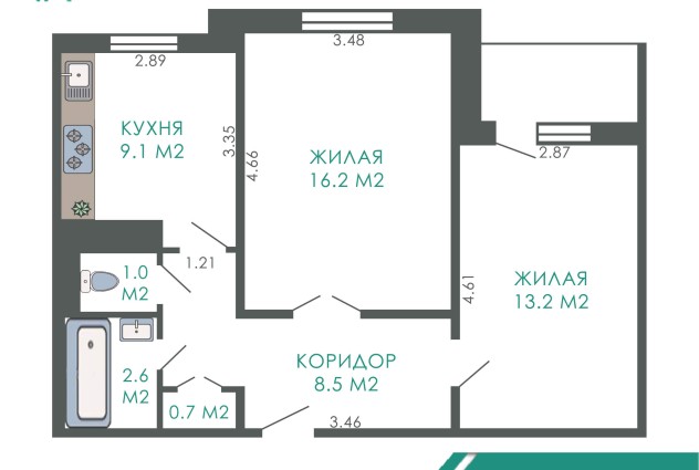 Фото 2 ком. квартира с кухней 9.1 м2 около метро Кунцевщина. — 31