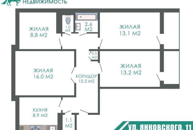Фото Четырехкомнатная квартира с кухней 8.9 м2 в Сухарево. — 43